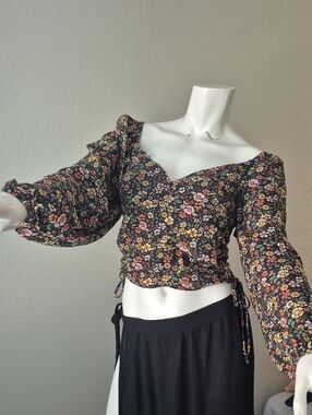 Elodie Black Floral Puff-Sleeve Wrap Top